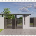 Modern Entrance Gate Design With Gray Metal Panels And White Stone Walls Surrounded By Trees