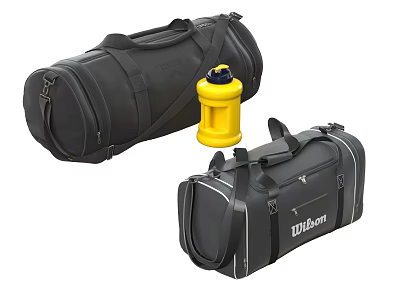 Black Wildhorn Duffel Bags with Yellow Water Bottle Accessory for Travel Sports Use 3d model
