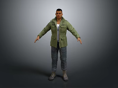 3D Human Male Character Model Wearing Green Jacket Standing With Arms Extended 3d model