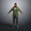 3D Human Male Character Model Wearing Green Jacket Standing With Arms Extended
