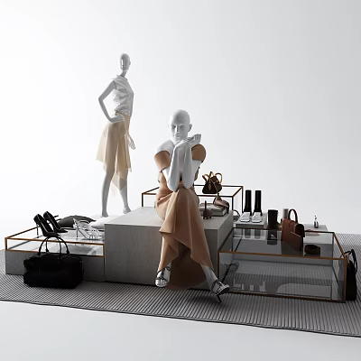 Modern Minimalist Shoe Display With Mannequins Glass Stone Stands And Accessories 3d model