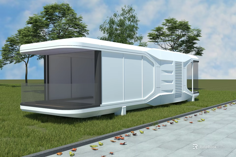 Modern White Prefabricated Guesthouse Building With Glass Curtain Wall And Green Lawn Trees 3d model 