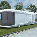 Modern White Prefabricated Guesthouse Building With Glass Curtain Wall And Green Lawn Trees