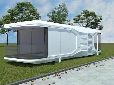 Modern White Prefabricated Guesthouse Building With Glass Curtain Wall And Green Lawn Trees 3d model
