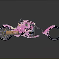 Unique Pink Motorcycle With Colorful Circular Design And Blue Accented Wheels