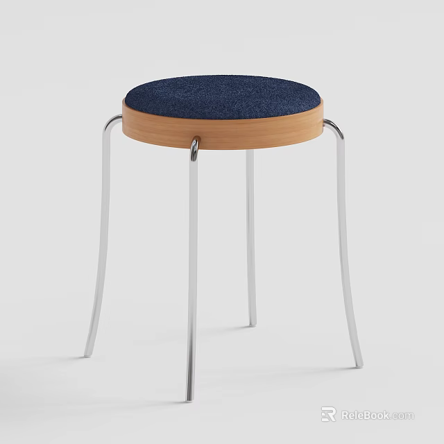 Modern Stool with Dark Blue Cushion Wooden Edge and Silver Metal Legs 3d model 