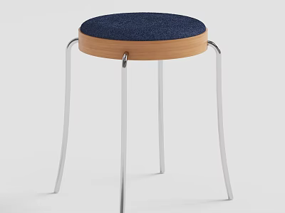 Modern Stool with Dark Blue Cushion Wooden Edge and Silver Metal Legs 3d model