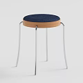 Modern Stool with Dark Blue Cushion Wooden Edge and Silver Metal Legs