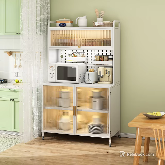 White Kitchen Sideboard With Glass Doors Microwave Dinnerware Storage And Light Green Background 3d model