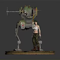 Female Character With Mechanical Walker Figure Green Red Details And Weapon On Circular Base