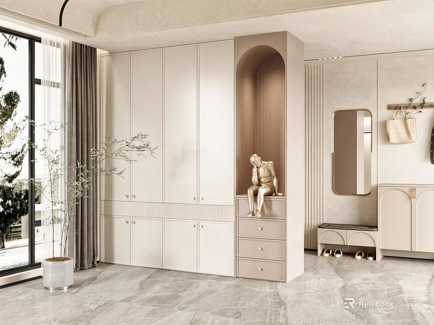 Modern Light Colored Console And Side Cabinets With Storage Drawers And Decorative Statue 3d model