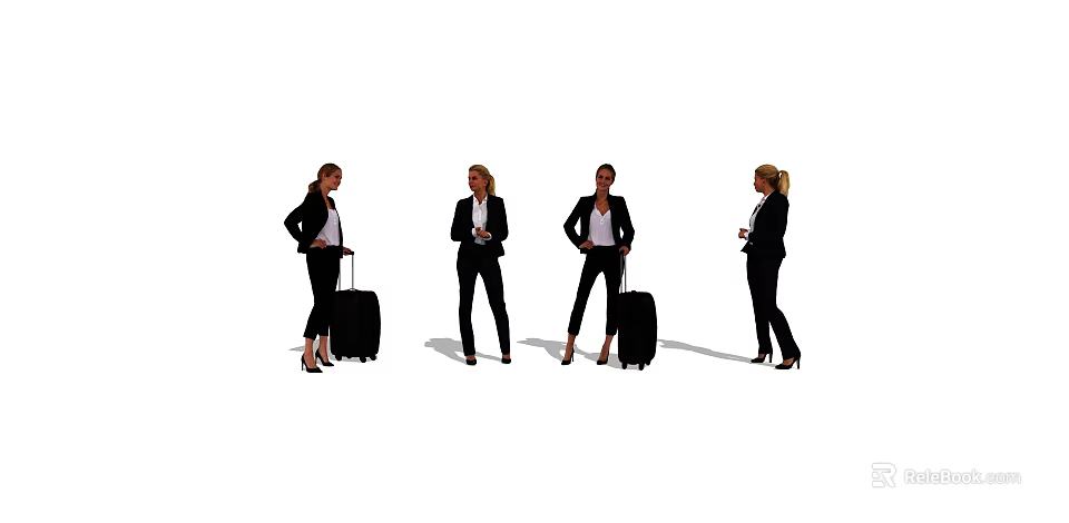 Professional Business Women in Formal Attire with Suitcases and Mobile Phones in Different Poses 3d model 