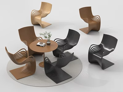 Curved Design Brown Black Negotiation Table and Chairs with Round Tabletop and Potted Plant 3d model