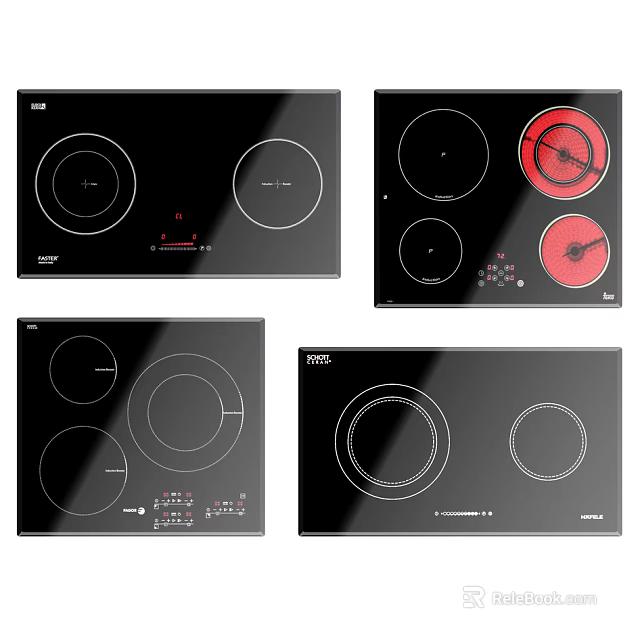 Modern Electric Cooktops With Black Glass Surface And Various Control Designs 3d model 