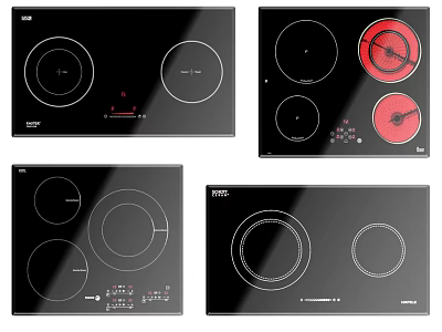 Modern Electric Cooktops With Black Glass Surface And Various Control Designs 3d model