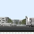 Modern School Building Exterior With Multi Story Structure Glass Windows Green Trees And Blue Sky