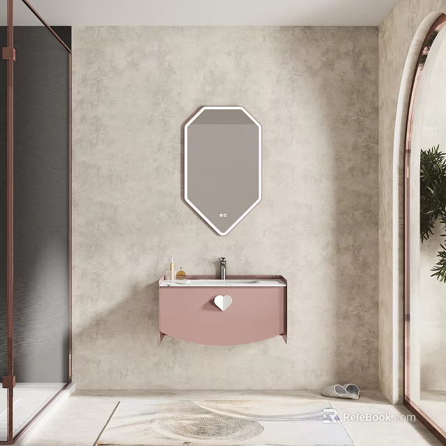 Pink Wall Mounted Washbasin Vanity With White Framed Octagonal Mirror And Beige Textured Wall 3d model 