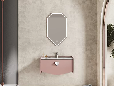 Pink Wall Mounted Washbasin Vanity With White Framed Octagonal Mirror And Beige Textured Wall 3d model