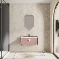 Pink Wall Mounted Washbasin Vanity With White Framed Octagonal Mirror And Beige Textured Wall