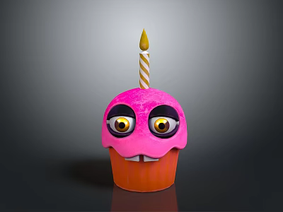 Pink Cupcake With Cartoon Face Eyes Eyelashes And Striped Candle With Yellow Flame 3d model