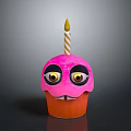 Pink Cupcake With Cartoon Face Eyes Eyelashes And Striped Candle With Yellow Flame