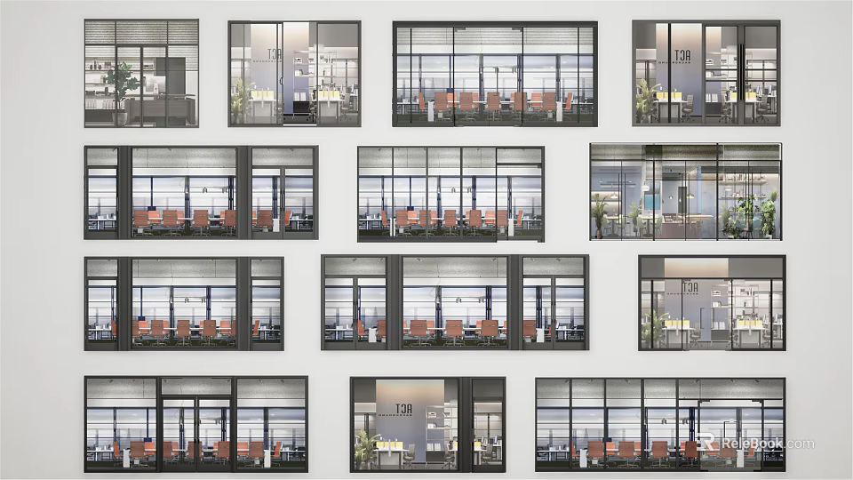 Modern Office Space Interior Views With Windows Desks Chairs And Plants 3d model 