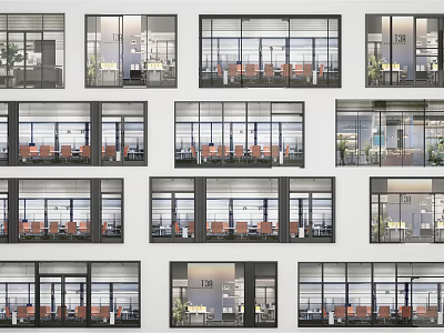 Modern Office Space Interior Views With Windows Desks Chairs And Plants 3d model