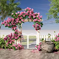 Garden Entrance Gate Decorated With Pink Roses Green Vines And Archway
