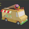 Yellow Ice Cream Truck With Red And White Striped Awning And Large Cone On Top
