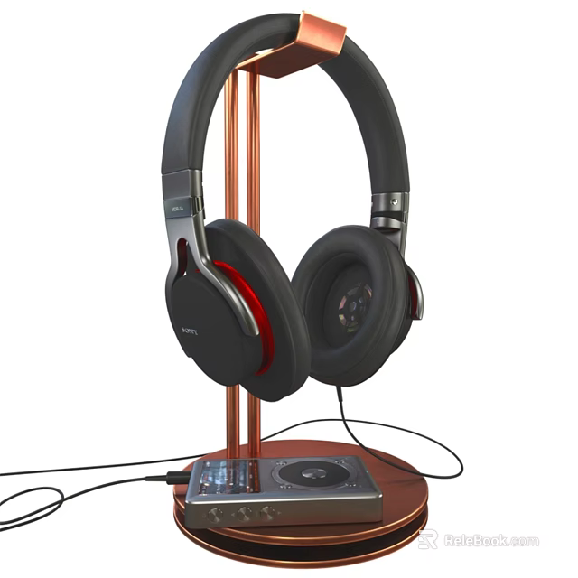Black Headphones With Red Accents On Copper Stand And Wired Audio Player 3d model 