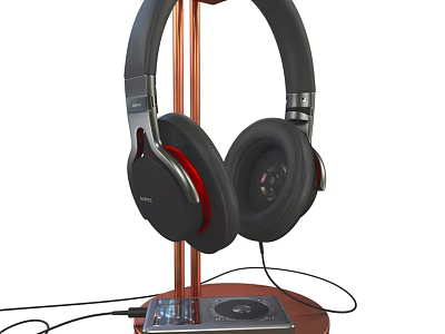 Black Headphones With Red Accents On Copper Stand And Wired Audio Player 3d model