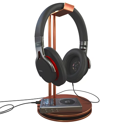 Black Headphones With Red Accents On Copper Stand And Wired Audio Player 3d model