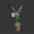 Mythical Eagle Humanoid Figure With Spread Orange Black Wings Holding Glowing Orb On Rock