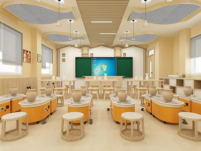 School Classroom Interior With Round Wooden Desks Green Smart Board And Pendant Lights 3d model