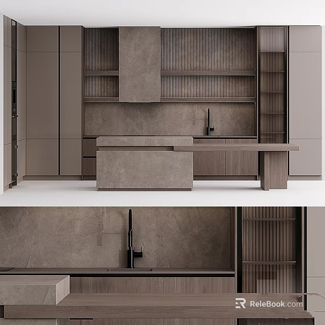 Modern Kitchen Interior Design With Stylish Cabinets And Stone Countertop Layout 3d model