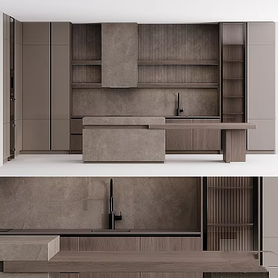 Modern Kitchen Interior Design With Stylish Cabinets And Stone Countertop Layout 3d model