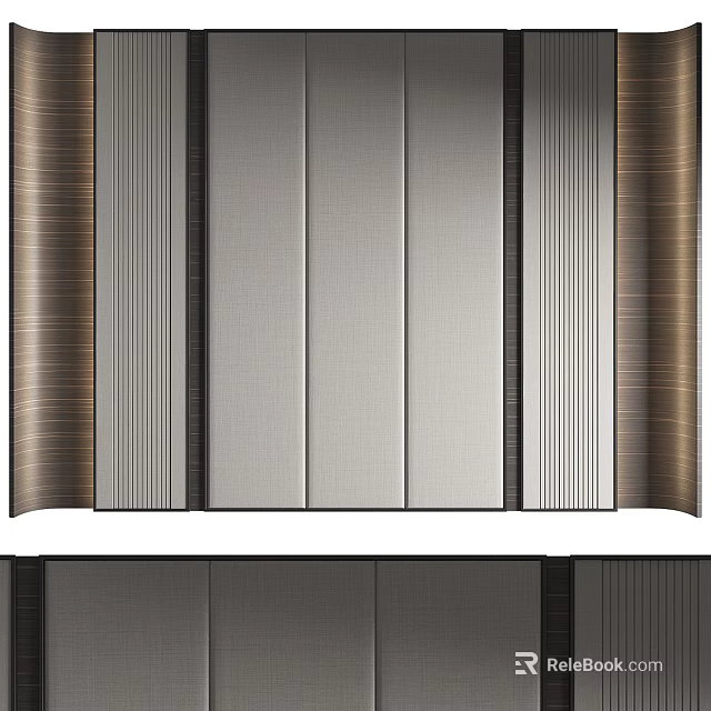 Modern Bedroom Accent Wall With Striped Panels And Metallic Wood Texture 3d model 