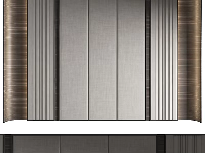 Modern Bedroom Accent Wall With Striped Panels And Metallic Wood Texture 3d model
