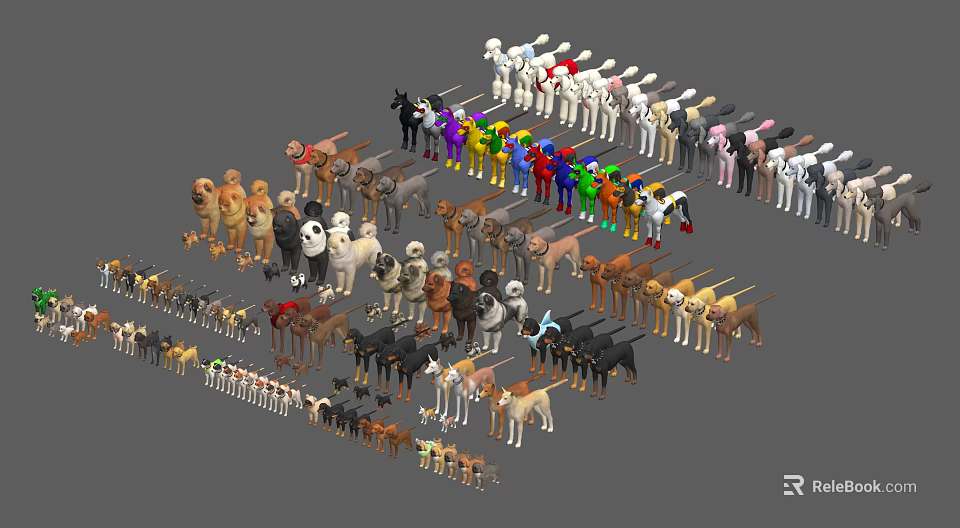 Various Animal Sculpture Carvings With Different Colors Standing Poses And Arranged Rows 3d model 