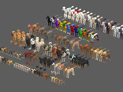 Various Animal Sculpture Carvings With Different Colors Standing Poses And Arranged Rows 3d model