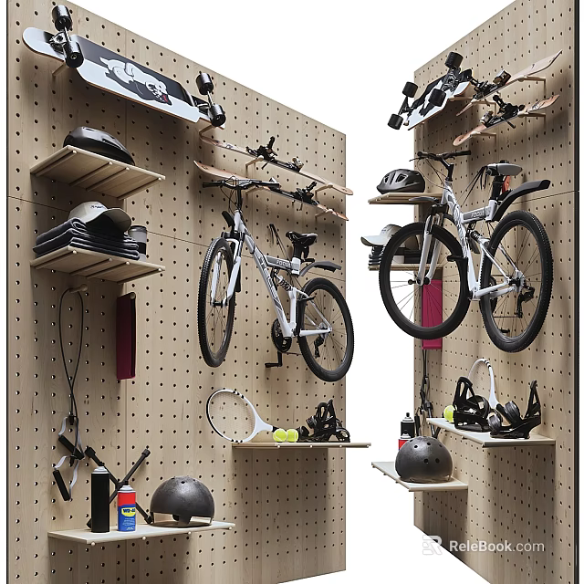 Organized Wall Mounted Sports Equipment Including Bicycles Helmets And Tennis Rackets On Pegboard Wall 3d model 