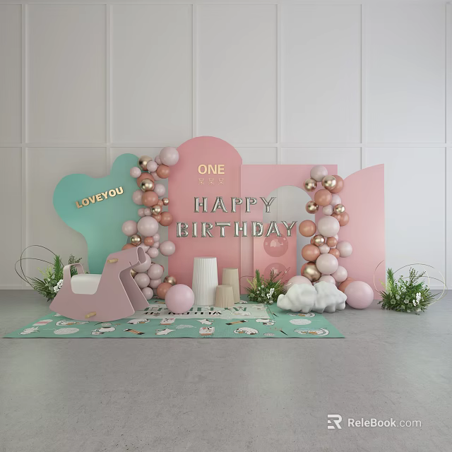 Pink And Gold Birthday Balloons Decoration For First Birthday Party With Clouds And Green Plants 3d model 