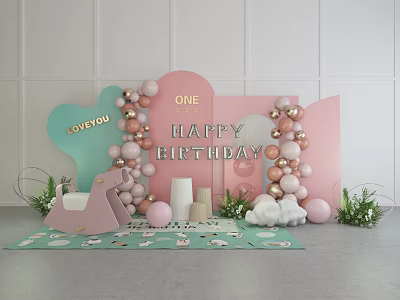 Pink And Gold Birthday Balloons Decoration For First Birthday Party With Clouds And Green Plants 3d model