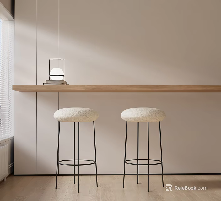 Wooden Bar Counter With White Stools And Hanging Lamp Against Light Wall 3d model 