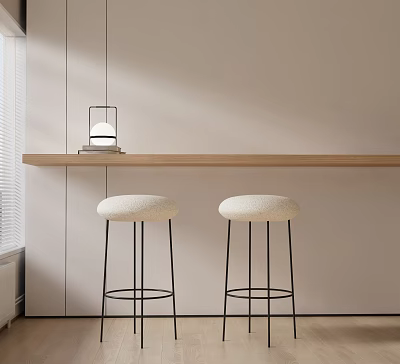 Wooden Bar Counter With White Stools And Hanging Lamp Against Light Wall 3d model