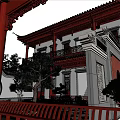 Traditional Chinese Ancient Architecture Featuring Red Pillars Carved Eaves and Courtyard Trees