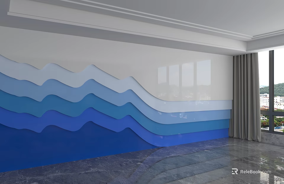 White Background Wall With Blue Wavy Layered Design And Marble Floor Curtains 3d model