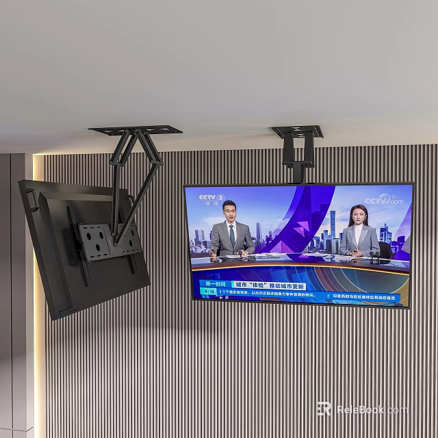 Wall Mounted TV Displaying News Broadcast With Anchors In Modern Studio 3d model 