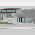 Modern Visitor Center With Curved Structure White Walls Blue Roof Green Plants And Paved Plaza