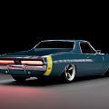 Blue Vintage Muscle Car With Yellow Rear Accents And Silver Wheels Styling On Dark Background